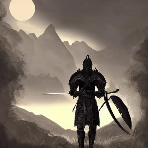 Prompt: Silhouette of a male warrior wearing knight armor holding a sword and shield, facing away towards a mountain in the distance, digital art, digital painting, matte painting, very beautiful, highly detailed, fantasy artwork, dnd