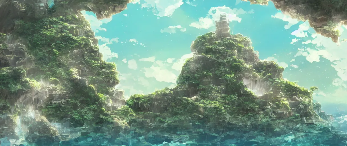 Image similar to a small crumbling island in space with waterfalls, studio ghibli, digital art, detailed, depth of field