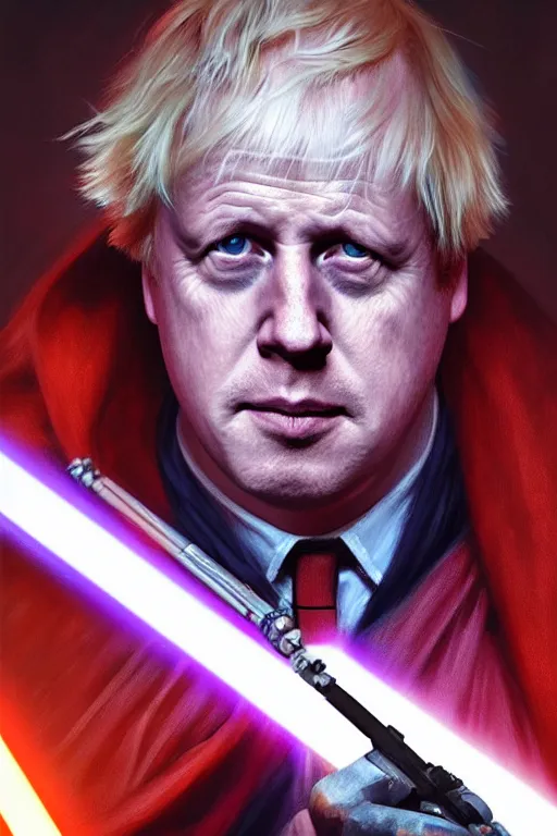 Image similar to Boris Johnson as a Jedi from Star Wars, Union Jack light saber, realistic portrait, symmetrical, highly detailed, digital painting, artstation, concept art, smooth, sharp focus, illustration, cinematic lighting, art by artgerm and greg rutkowski and alphonse mucha