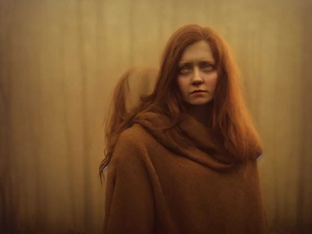 Prompt: portrait of a young woman, solemn expression, faded color film, russian cinema, tarkovsky, kodachrome, heavy birch forest, long brown hair, old clothing, heavy fog, atmospheric haze, brown color palette, sunset, low light, dramatic lighting