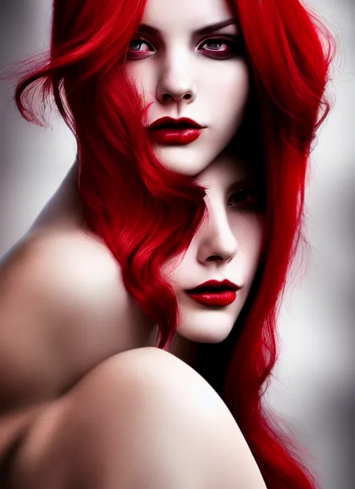Image similar to photo of gorgeous woman with red and white half dye hair in the style of stefan kostic, realistic, half body shot, sharp focus, 8 k high definition, insanely detailed, intricate, elegant, art by stanley lau and artgerm, foggy backgeound