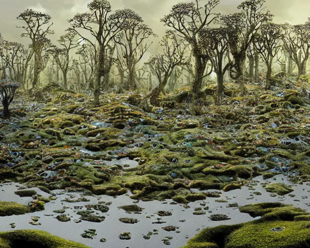 Image similar to panoramic view, superintelligent ecological matrix of moss and lichen dotted biomechanical trees growing on junkyard heaps of electronics and automobiles among puddles of glistening oil, artists bev doolittle and philippe caza, high contrast cinematic light, mystical shadows, sharp focus, octane render, three dimensional autostereogram optical illusion, repeating patterns