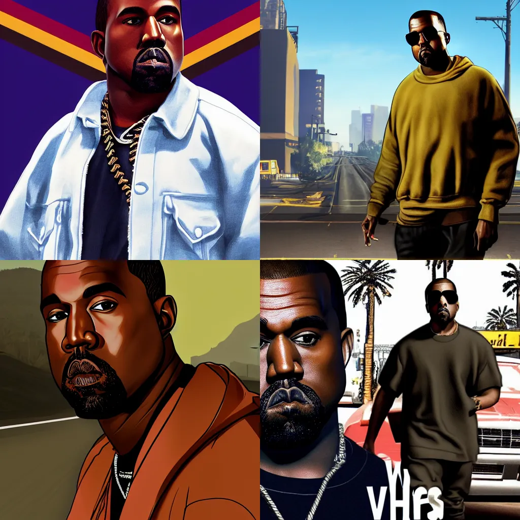 Prompt: kanye west in the gta v loading screen, masterpiece, 8 k, 4 k, art by stephen bliss