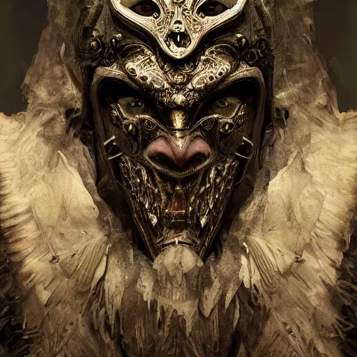 Image similar to Very very very very highly detailed epic photo of demonic face with venetian mask, intricate, dystopian, sci-fi, extremely detailed, digital painting, artstation, concept art, smooth, sharp focus, illustration, intimidating lighting, incredible art by Anton Pieck, Octane render in Maya and Houdini VFX