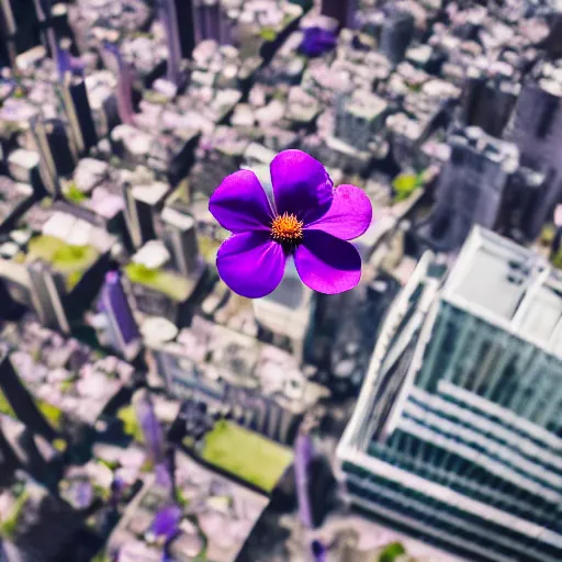 Image similar to closeup photo of purple flower petal flying above a city, aerial view, shallow depth of field, cinematic, 8 0 mm, f 1. 8