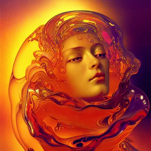 Image similar to transcendent bodhisattva mind bending psychedelic waves of glossy liquid honey flowing like kaleidoscopic translucent amber, lsd waves, honey ripples, enlightenment, dramatic professional lighting, refracted sunset lighting, highly detailed, concept art, art by collier, albert aublet, krenz cushart, artem demura, alphonse mucha