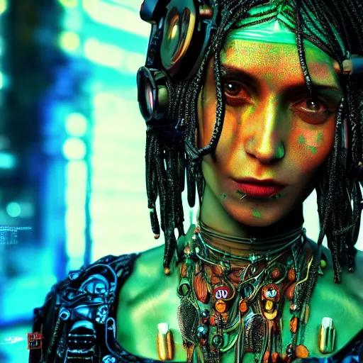 Image similar to Cyberpunk rasta woman, dark atmosphere, cinematic shot, intricate, ornate, photorealistic, ultra detailed, realistic, 35mm, photography, neon, octane, high definition, depth of field, bokeh, 8k, artstation, (alphonse mucha), (hr giger)