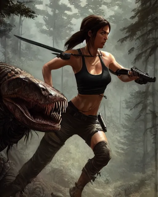 Image similar to lara croft fighting the tyrannosaurus rex | | realistic shaded, fine details, realistic shaded lighting poster by greg rutkowski, magali villeneuve, artgerm, jeremy lipkin and michael garmash and rob rey