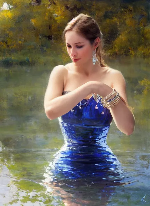 Image similar to first person perspective of a woman looking at her hands full of rings, the woman is reflected in the water of a lake. by daniel f. gerhartz, hyperrealistic oil painting, 4 k, studio lightning, very detailed, rtx on