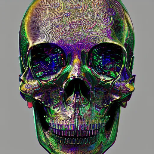 Image similar to portrait_of_glossy metalic skull with glitch effects._intricate_abstract._psychedelic_liquod_embossed_intricate_artwork._by_Tooth_Wu_wlop_beeple_dan_mumford._octane_render_trending_on_artstat