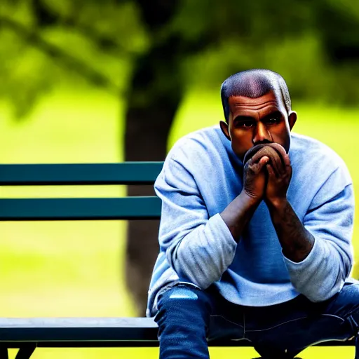 Image similar to dslr photo still of sad kanye west sitting on a park bench with a tear on his cheek, 8 k, 1 1 0 mm f 1 6