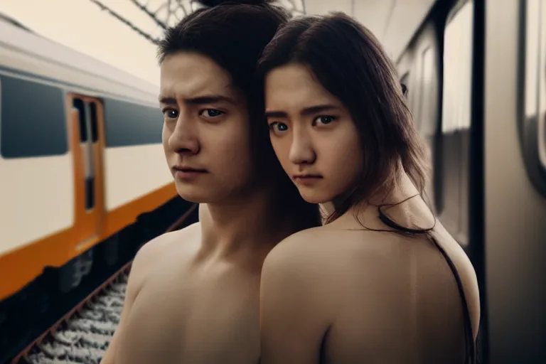 Image similar to vfx film closeup couple in a train station flat color profile low - key lighting award winning photography arri alexa cinematography, hyper real cinematic beautiful natural skin, famous face, atmospheric cool colorgrade