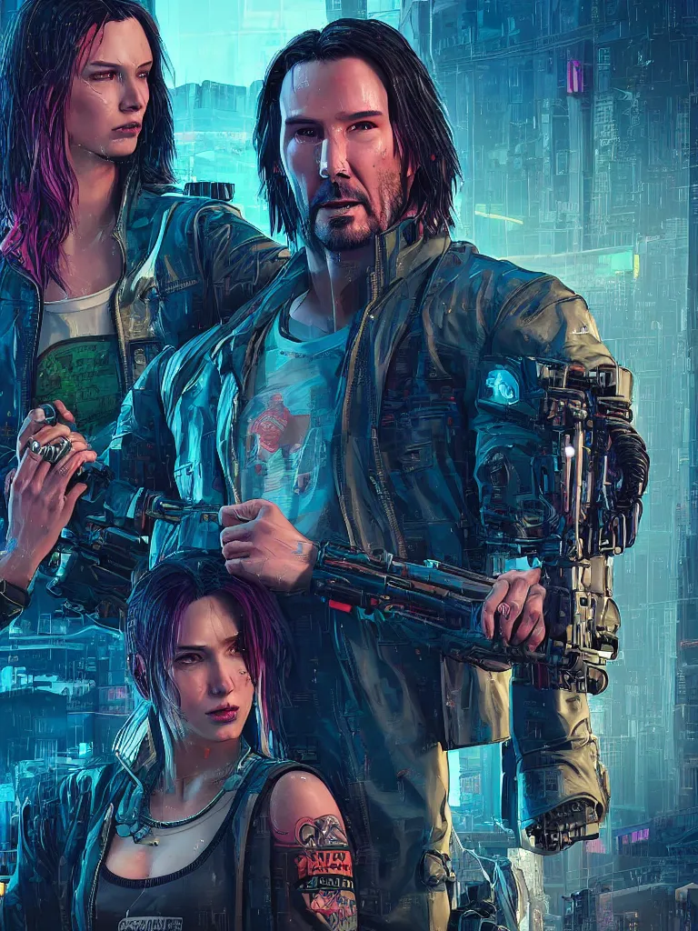 Image similar to a cyberpunk 2077 couple portrait of Keanu Reeves as Johnny Silver hand and female V in daily life ,love story, pray, hug, hold, kiss, film lighting, by Laurie Greasley, William Morris, Dan Mumford, John Wick, Speed, Replicas, Destination Wedding, The Lake House, artstation, full of color, Digital painting, face enhance, highly detailed,8K, octane, golden ratio, cinematic lighting