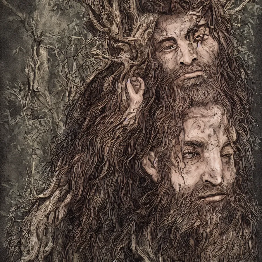 Image similar to Portrait of the Primeval Forest God, a young but wise bearded Western male druid deity with ten faces and blind white eyes, he presides over the wilderness and brings wisdom onto the world. His body is partially covered in tree bark. Headshot, insanely nice professional hair style, dramatic dark brown tribal hair, bright colourful halo around the head, digital painting, of a old 17th century, amber jewels, baroque, ornate clothing, tribalistic sci-fi, realistic, hyper-detailed, chiaroscuro, concept art, art by Franz Hals and Jon Foster and Ayami Kojima and Amano and Karol Bak,