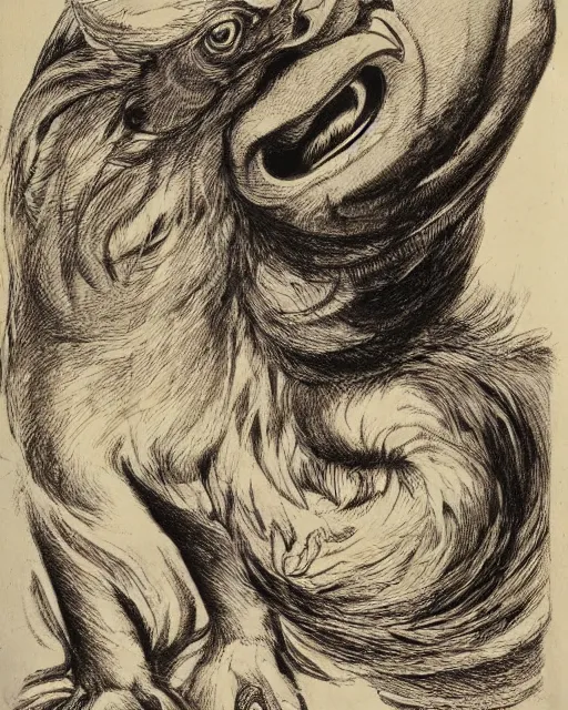 Image similar to a creature with the body and eyes of a man, with the beak of an eagle, the mane of a lion, and the horns of an ox. drawn by francis bacon