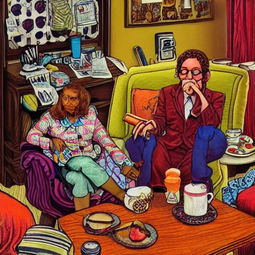 Image similar to The Artwork of R. Crumb and his Cheap Suit Aunt Jamima tells you to eat pancakes and syrup, pencil and colored marker artwork, trailer-trash lifestyle