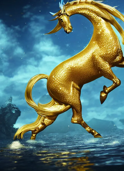 Prompt: kirin hybrid with white horse, golden metalic reflective skin, golden intricate diamonds reflective skin, under water, dynamic, light-gold shimmer, spotlight, ultrarealistic, Hyperdetailed, 3d octane render, science fiction, concept art