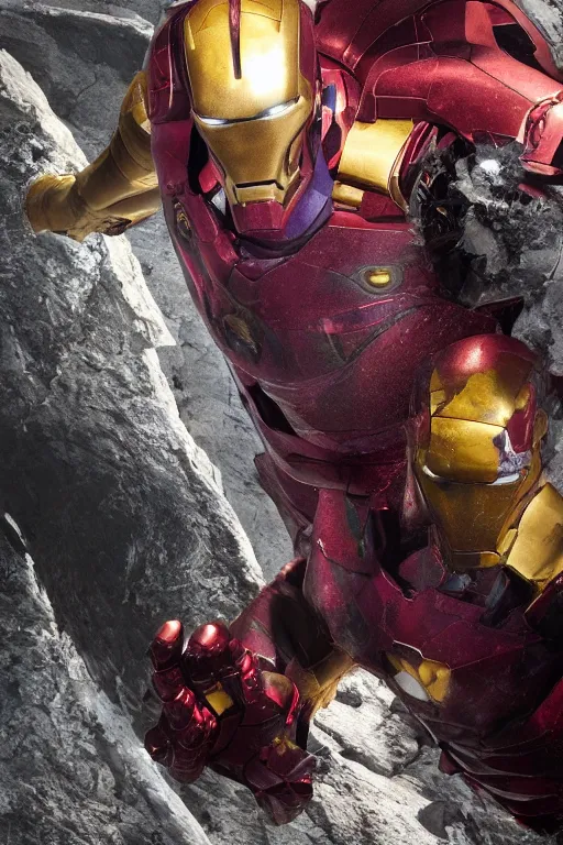 Image similar to thanos in a damaged and broken iron man suit, cinematic, volumetric lighting, f 8 aperture, cinematic eastman 5 3 8 4 film, photorealistic