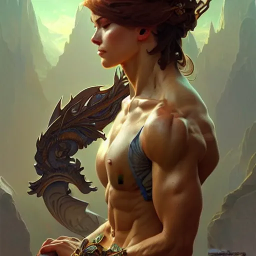 Image similar to , muscular upper body, D&D, fantasy, intricate, elegant, highly detailed, digital painting, artstation, concept art, smooth, sharp focus, illustration, art by artgerm and greg rutkowski and alphonse mucha