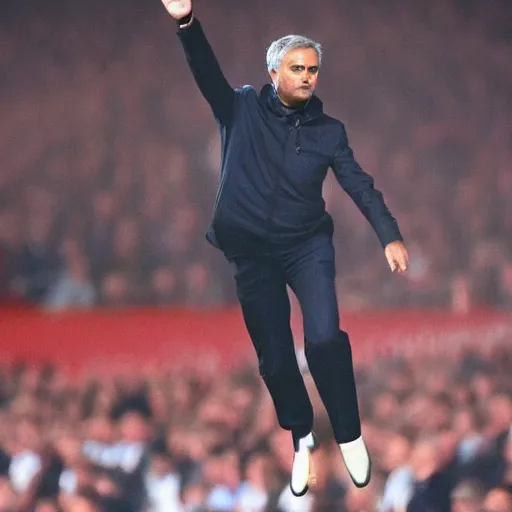 Image similar to jose mourinho flying in the sky throwing lasers from his eyes, award winning photograph