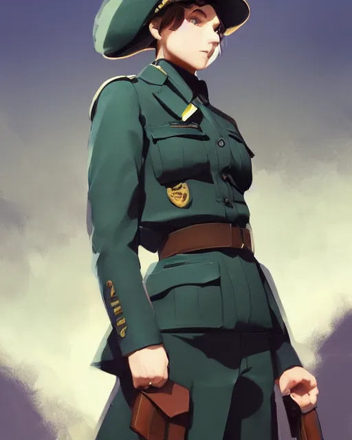 Image similar to young woman with shoulder length light brown hair and hazel eyes dressed in a sharp dark teal military uniform and beret, anime, ilya kuvshinov, greg rutkowski, guweiz, ross tran, loish, svetlana tigai, artgerm, artstation trending, concept art, digital painting