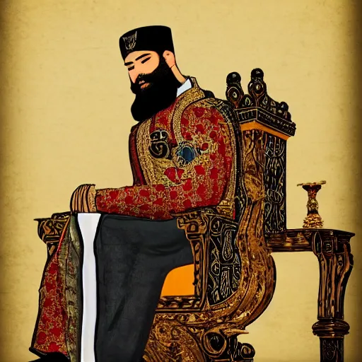 Prompt: A man with a beard, sitting on a throne, dressed in the clothes of a sultan. one leg is placed on the other, the hand is scratching his beard and thoughtfully looks at the thrown cubes on the table. Fantasy style