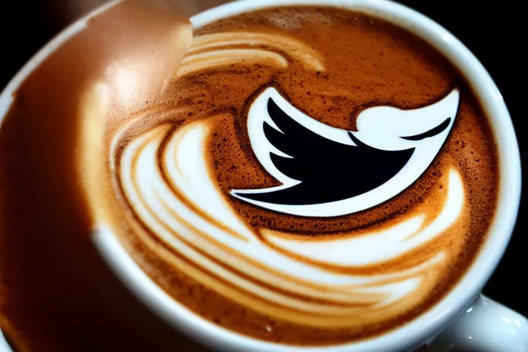 Prompt: twitter logo in my morning coffee, Latte Art, close-up photograph, award winning