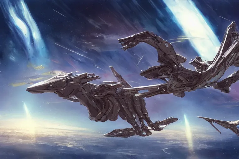 Image similar to a pterodactyl mecha, fighter-jet sized, smooth, john berkey white plastic panels, robotech styling Raymond Swanland and Jessica Rossier nebula like clouds in space background near a ringed gas giant, distant explosions and spaghetti-like missile rocket exhaust trails by cinematic lighting, hyper detailed hyper detailed, 8k, ultra realistic, cinematic lighting, ultra wide 35mm lens