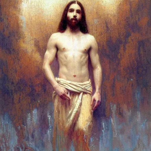 Image similar to Jesus portrait, thirst trap style, painting by Gaston Bussiere, Craig Mullins