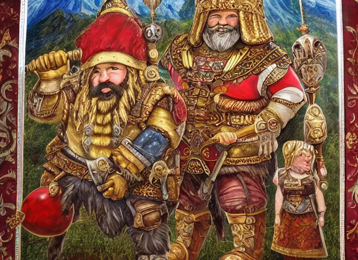 Image similar to jewel encrusted dwarven mural depicting a family history of mountain dwarves. a large ruby is the focal point of the mural