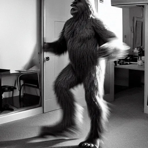 Prompt: Bigfoot taking off his costume after a long day at work, blurry, black and white