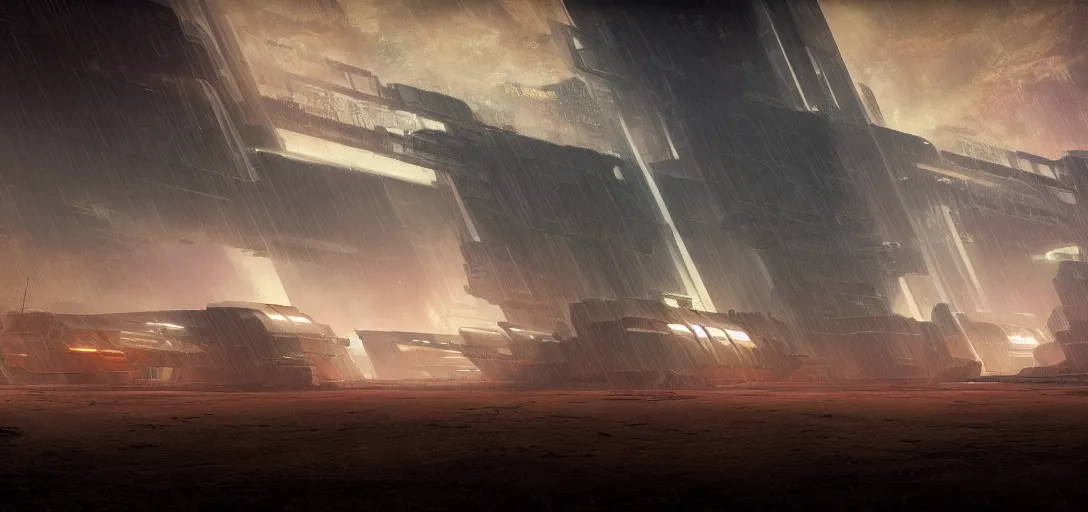 Prompt: view from the desert ground fire night stars of futuristic abandonded sparse mechanical blade runner cyberpunk architecture, light rays, symmetry, cinematic lighting, ultra detailed, sharp, ambient occlusion, bloom, raytracing, by greg rutowski, paul chadeisson and jessica rossier