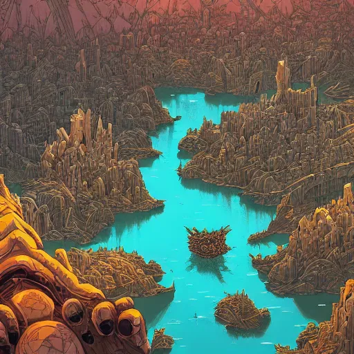 Image similar to cell shaded adult animation, a birds eye view overlooking a walled off ancient fantasy city being attacked by horrific monsters, surrounded by mountains and trees of greens and browns, rivers, concept art by josan gonzales and wlop, Laurie Greasley, Jordan Grimmer, Beksiński and james jean, highly detailed, sharp focus, Trending on Artstation, HQ, deviantart, art by artgem