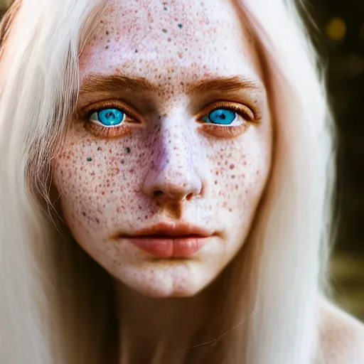 Image similar to beautiful hyperreal portrait of a cute woman, long white hair, freckles, blue eyes, very detailed face, soft smile golden hour, soft focus, 8 k, portra 4 0 0