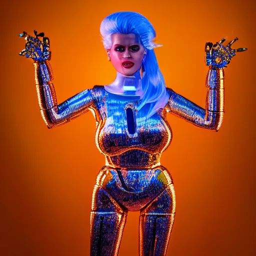 Image similar to beautiful centered Fine art photo portrait of playful youg Anna Nicole Smith as a solarpunk robotic humanoid, copper mechanical parts with led lights, photorealistic, white background, highly detailed and intricate, sunset lighting, HDR 8k