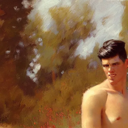 Image similar to a man with a pompadour haircut, painting by Gaston Bussiere, Craig Mullins