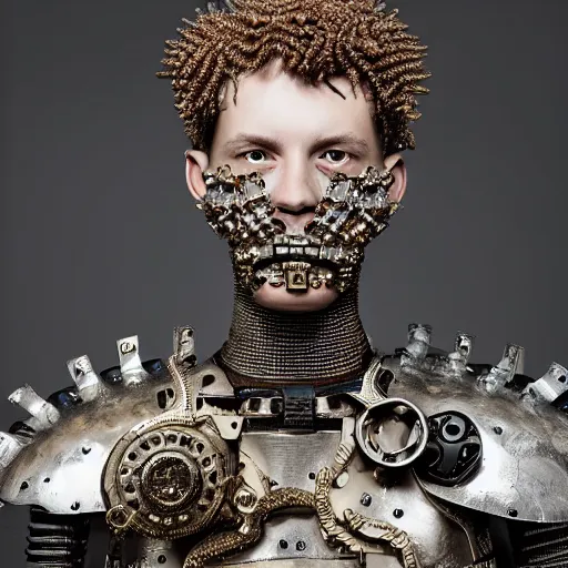 Image similar to a portrait of a beautiful young male wearing an alexander mcqueen armor made of parts of a robot , photographed by andrew thomas huang, artistic