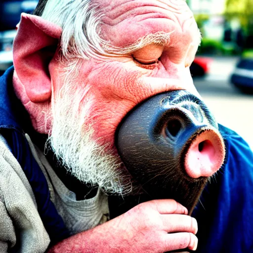 Prompt: portrait beautiful pig kissing dirty homeless old man