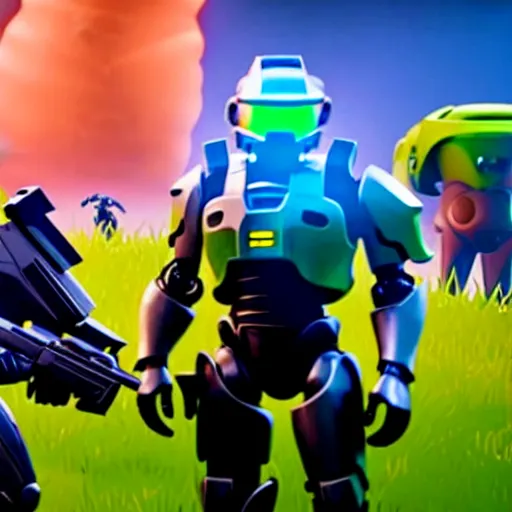 Image similar to Master Chief and Robocop sharing a pizza, a screenshot from Fortnite