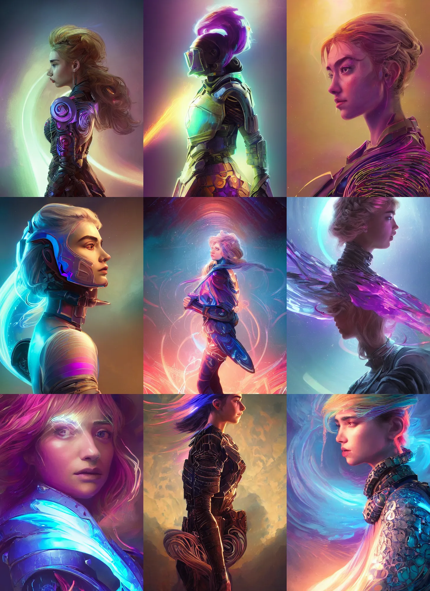 Prompt: side portrait, imogen poots cyber paladin, gloomhaven, soft, smooth, luminescent, art nouveau tarot, backlit glow, colorful swirly ripples, gaudy colors, aesthetic octane render, unreal engine, 8 k, by greg rutkowski, jesper ejsing, rhads, ilya kuvshinov, cushart krenz