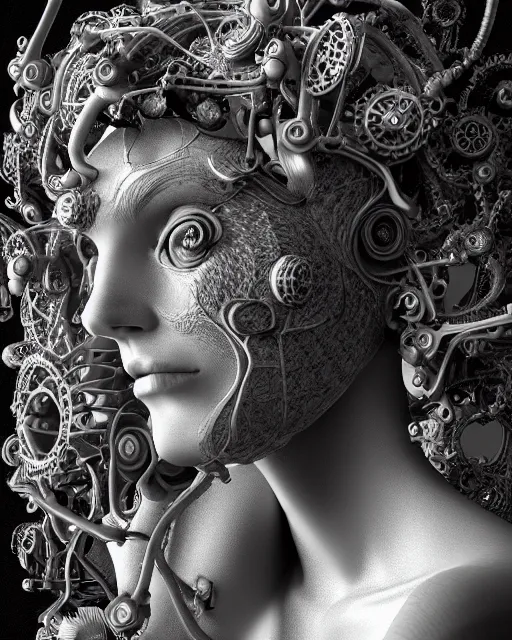 Image similar to mythical dreamy black and white organic translucent bio-mechanical spinal ribbed profile face portrait detail of mechanical beautiful female angelic-vegetal-cyborg, highly detailed, intricate steampunk ornate, poetic, 3D render, digital art, octane render, 8K artistic photography, photo-realistic, by Dora Maar