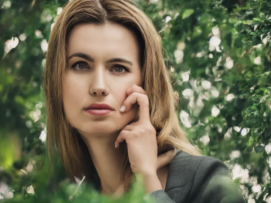 Prompt: woman thinking, close up, head tilted, wearing business suit, portrait pose, beside window, green foliage in background, bokeh, backlighting, stock photo, 4k, octane render, photorealistic