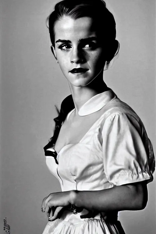 Image similar to photo photorealistic portrait photograph Emma Watson as penthouse maid 1950s portrait by Norman Rockwell