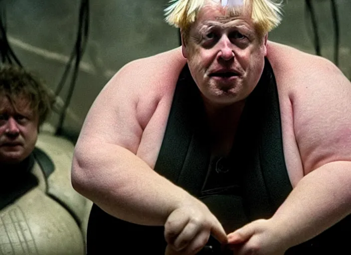 Image similar to boris johnson as baron harkonnen in a black oil bath in a still from the film Dune (2021)