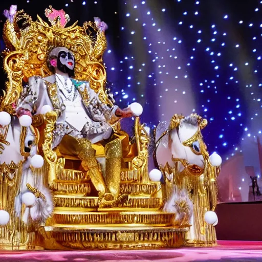 Prompt: anime of a shining majestic throne made of millions of diamonds, gold and zaphires with thousands of light reflections, and a clown on a tuxedo suit is sitting on the throne while handing a golden balloon, dramatic light