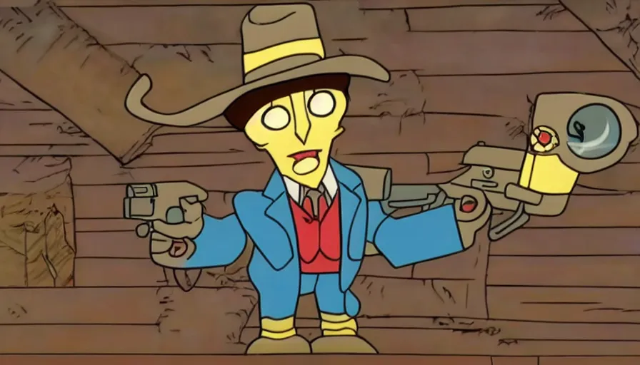 Image similar to 1990s cartoon show screenshot about a gunslinging owl from the wild west, wearing a cowboy hat an eye mask, standing in an old west town the animated show