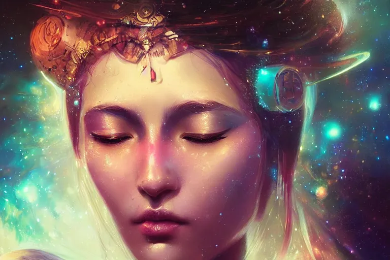 Prompt: a beautiful portrait of a female goddess with closed eyes, galaxy theme colors, galaxy theme colors, ultra realistic digital art by Greg Rutkowski and Raymond Swanland, Trending on Artstation, ultra realistic digital art, ultra realistic digital art