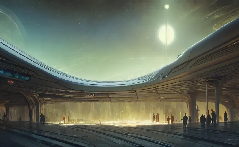 Image similar to exterior shot of utopian train station on the edge of the space with cinematic lighting by zaha hadid and renzo piano, darek zabrocki and greg ruthkowski, alphonse mucha, simon stalenhag, cinematic, holy place, paradise, scifi, futurism, atmospheric, dusk, concept art, artstation, trending on artstation