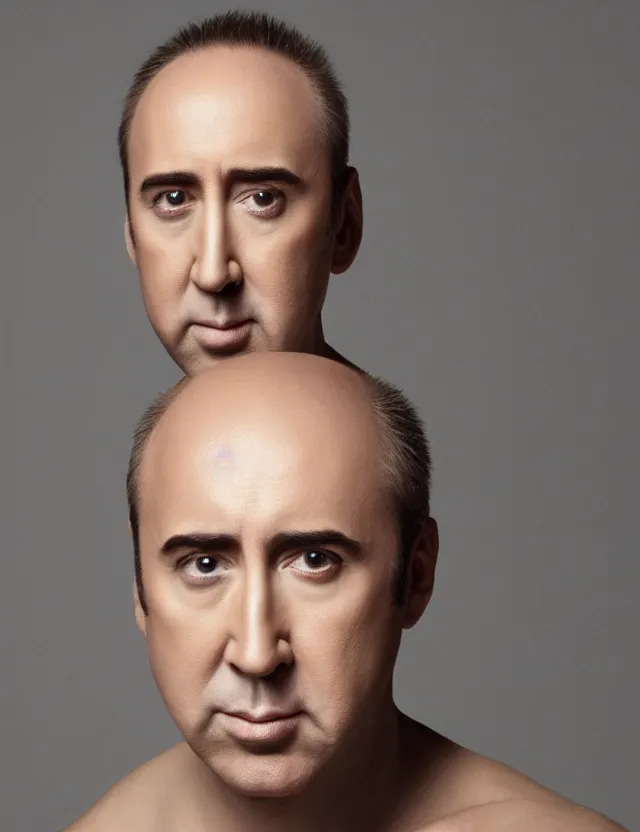 Image similar to portrait of bald nicolas cage neutral expression face straight on headshot even lighting no hair