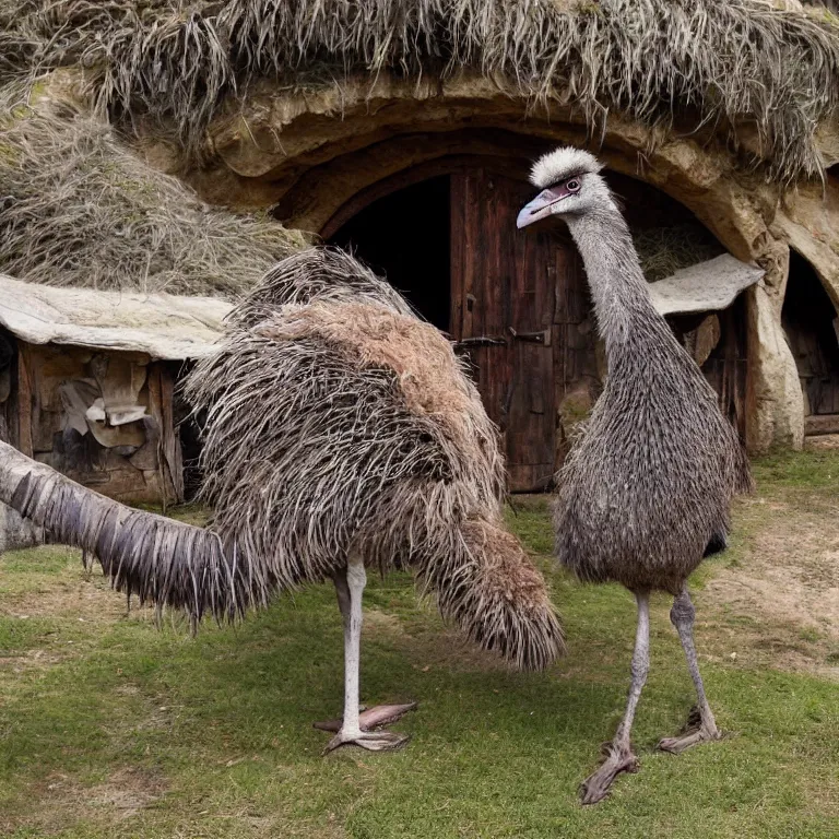 Image similar to an emu in the middle of a crowded hobbit tavern